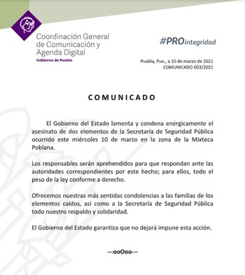 El gobierno de Puebla condenó