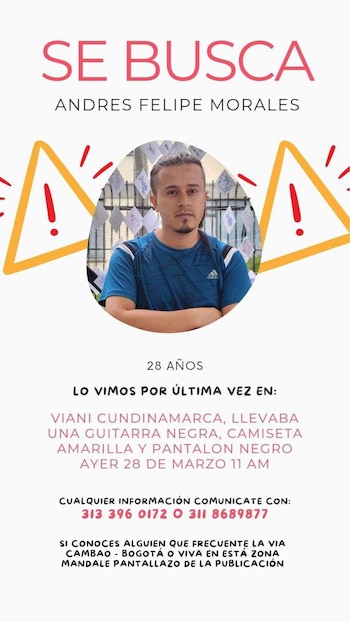 Andrés Felipe Morales fue buscado durante una semana, sin éxito. Fue un habitante de la zona quien reportó el hallazgo del cuerpo el miércoles 3 de abril - crédito redes sociales