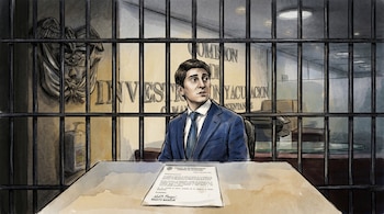 Ilustración de Wadith Manzur en traje y corbata, detrás de barrotes de prisión, sentado frente a una carta de renuncia. Al fondo, se vislumbra el Congreso de Colombia.