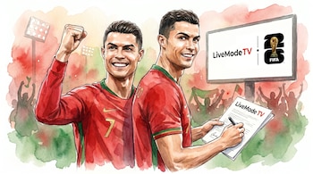 Ilustración de Cristiano Ronaldo celebrando y firmando con LiveMode TV. Pantalla muestra logo LiveMode TV y trofeo Mundial FIFA. Fondo difuminado de estadio.