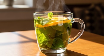 Taza transparente de té verde caliente con hojas de hierbabuena y rodajas de naranja flotando. Se observa vapor y luz natural incidiendo sobre la mesa.