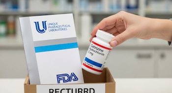 Mano colocando frasco de cetirizina hydrochloride 5 mg en caja de devolución. Folleto de Unique Pharmaceutical Laboratories y logo de la FDA visible.