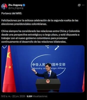 El mensaje fue replicado por el embajador de la República Popular China en Colombia, Zhu Jingyang, a través de su cuenta oficial en la red social X - crédito @zhu_jingyang/X