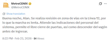Revisión en zona de vías de la Línea 12 este lunes 23 de febrero. Foto: X/@MetroCDMX.