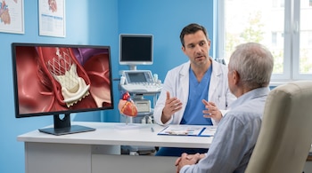 Un médico explica a un paciente en un consultorio, con un monitor mostrando un dispositivo de reemplazo de válvula aórtica transcatéter y un modelo de corazón en la mesa.
