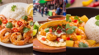 Tres imágenes que muestran platos con camarones, arroz blanco, rodajas de limón, un taco con cilantro y salsa.