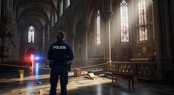 Una oficial de policía, de espaldas, dentro de una gran basílica. El suelo tiene escombros y marcadores de evidencia. Se ven vidrieras y cinta policial.