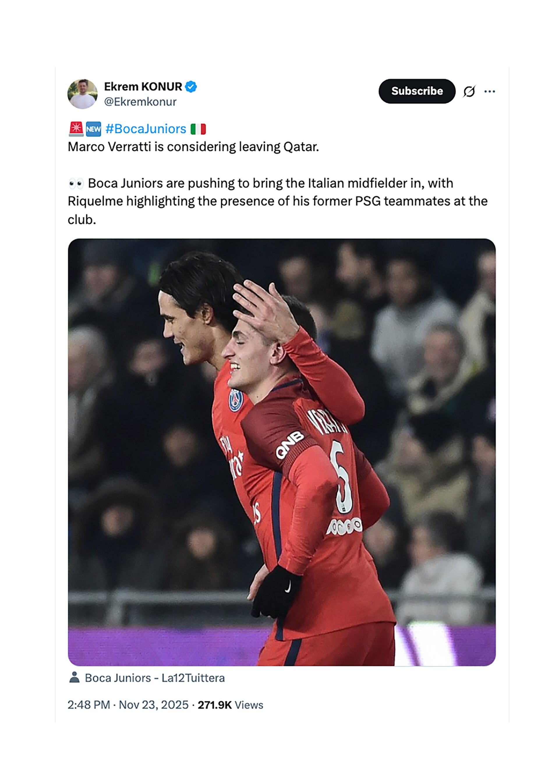 El especialista en el mercado de fichajes Ekrem Konur anticipó que Verratti podría llegar a Boca Juniors