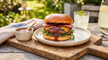 Una hamburguesa con salsa barbacoa en un plato de cerámica junto a un pocillo con salsa y un vaso con hielo sobre una mesa de madera.
