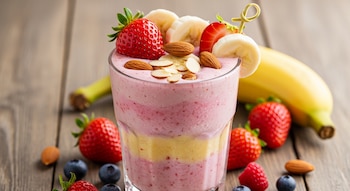 Primer plano de un batido de fresa y plátano en capas, decorado con fresas, rodajas de plátano y almendras enteras y laminadas, sobre una superficie de madera.
