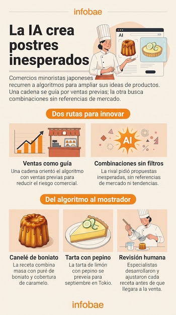 Infografía ilustrada sobre inteligencia artificial y repostería que presenta dibujos de postres, una cocinera y bloques explicativos de texto.