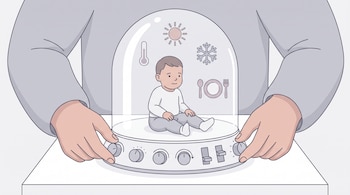Ilustración de un niño sentado dentro de una cúpula de vidrio con íconos de clima y comida, rodeada por dos manos que ajustan botones.