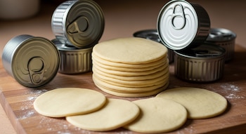 Una tabla de cortar de madera con harina es el escenario para una pila de discos de masa de empanada y varias latas plateadas de atún sin marca.