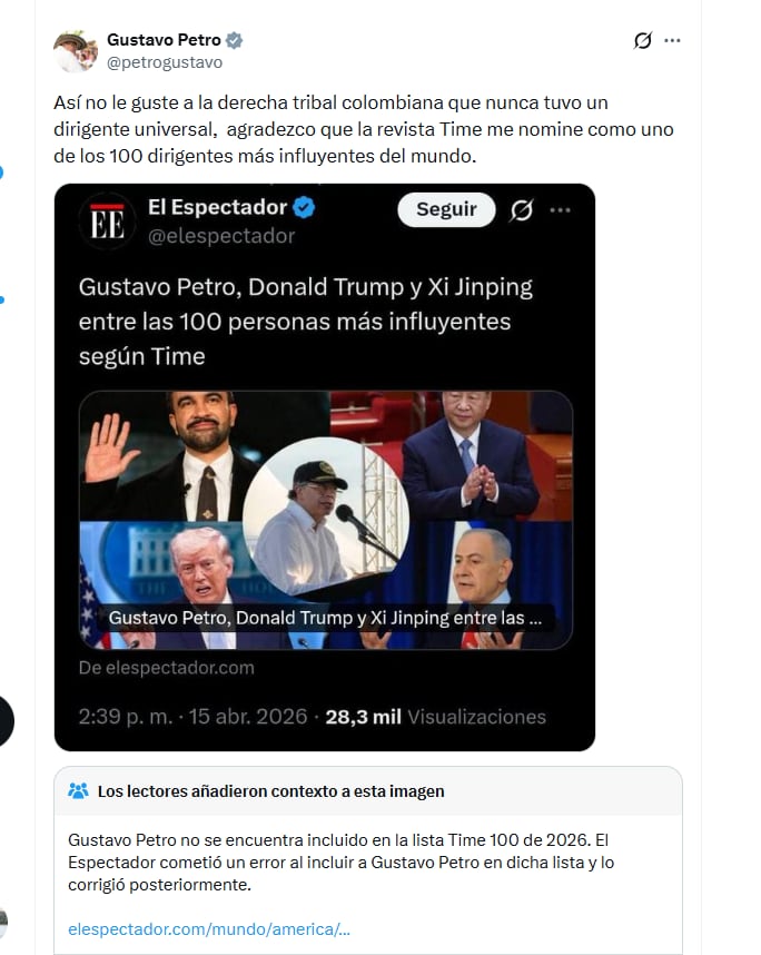 La congresista María Fernanda Cabal se burló de Petro por celebrar falsa inclusión en la lista de las 100 personas más influyentes de la revista Time - crédito @MariaFdaCabal/X
