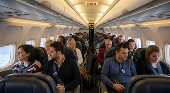 Vista interior de la cabina de un avión llena de pasajeros sentados en sus asientos, muchos con cinturones de seguridad abrochados.