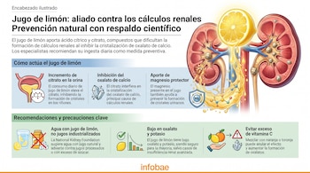 Infografía con título, texto, gráficos y logos que muestra riñones con cálculos, un limón, jugo, vasos, caja de jugo, azúcar, magnesio, cristales.