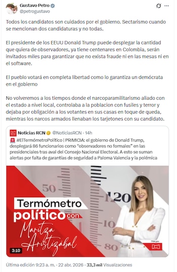 El jefe de Estado sostuvo que su Gobierno ha brindado todas las garantías de protección a los candidatos presidenciales - crédito @petrogustavo/X
