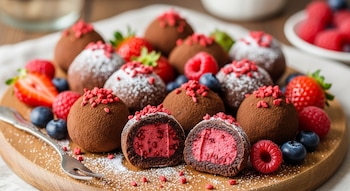 Trufas de chocolate con relleno rojo y frutos rojos frescos (fresas, frambuesas, arándanos) sobre tabla de madera, espolvoreadas con azúcar glas y trozos de frambuesa.