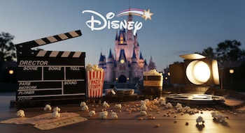 Claqueta de director, palomitas de maíz, boletos de cine, carretes de película y foco de iluminación en una mesa, con el castillo y logo de Disney al fondo.