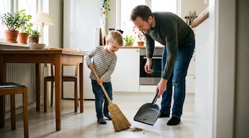 Padre e hijo barren juntos en una cocina luminosa. El niño sostiene la escoba y el padre una pala de recogedor con suciedad en el suelo de madera.