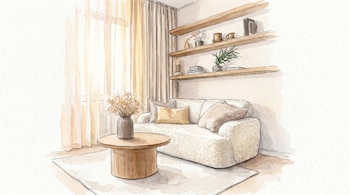 Ilustración en acuarela de una sala de estar con sofá color crema, mesa de centro de madera, estantes flotantes decorados y un ventanal con cortinas claras.