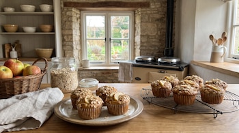 Muffins en un plato y una rejilla metálica, junto a una cesta con manzanas y un frasco con copos de avena sobre una encimera de madera.