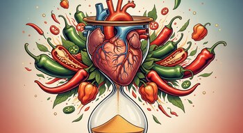 Corazón humano sobre reloj de arena con arena cayendo, rodeado de chiles rojos, verdes y naranjas, enteros y partidos, con hojas y especias.