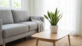 Una planta verde en maceta blanca sobre una mesa de madera, junto a un sofá gris y una ventana con cortinas blancas.