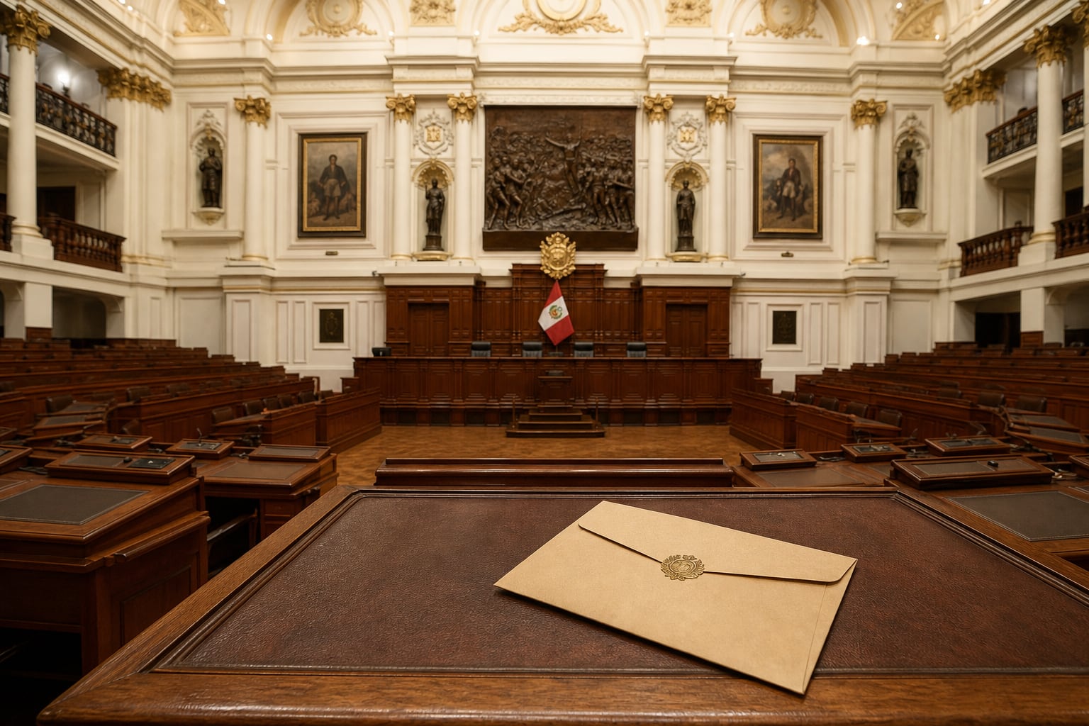 El hemiciclo del Congreso de la República del Perú permanece vacío tras el anuncio de disolución parlamentaria, con un sobre sellado en primer plano. (Imagen Ilustrativa Infobae)