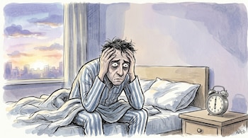 Hombre despeinado en pijama de rayas sentado en cama, manos en la cabeza. Reloj despertador en mesita marca las 6 AM. Amanecer visible por la ventana.