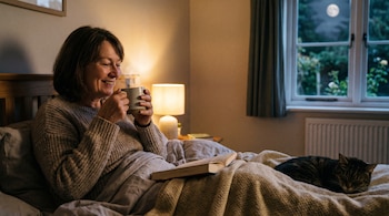 Mujer adulta en suéter gris sentada en la cama, sostiene una taza. Un libro abierto, un gato atigrado durmiendo. Lámpara de noche encendida. Ventana con luna llena.