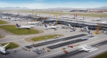 Vista aérea de un moderno aeropuerto con múltiples aviones de pasajeros estacionados, terminales en construcción, vehículos de apoyo en tierra y montañas al fondo.