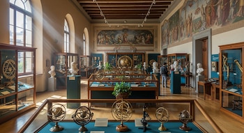 Vista de una sala del Museo Galileo con vitrinas de cristal y madera, exhibiendo instrumentos científicos, murales en las paredes y luz solar a través de ventanas arqueadas.