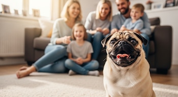 Un perro pug de color claro con la boca abierta y lengua rosada mira al frente. Una familia borrosa de cuatro personas está sentada en un sofá detrás.