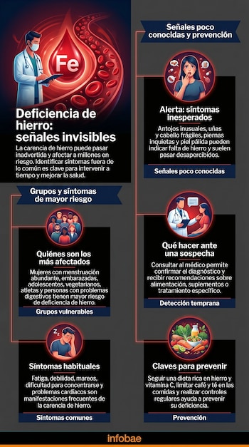 Infografía sobre deficiencia de hierro con ilustraciones de un médico, glóbulos rojos, síntomas inesperados y opciones de prevención con alimentos saludables.