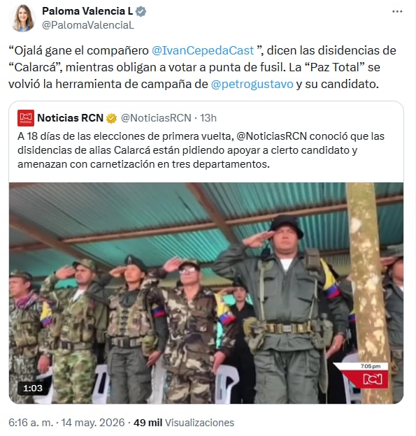 Momento en el que RCN informa de los audios de alias Calarcá - crédito @PalomaValenciaL/X