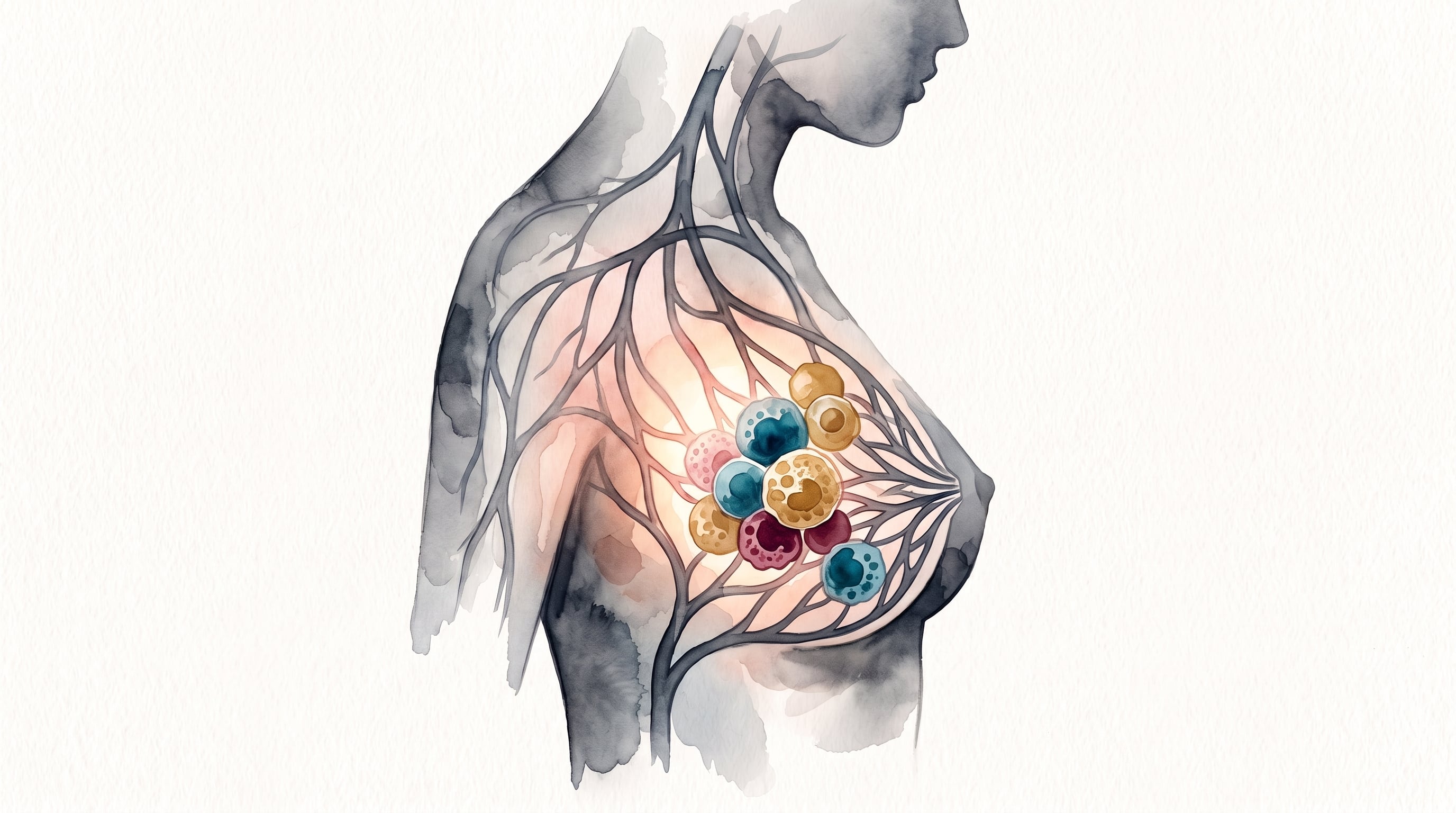 Una ilustración en acuarela representa la red vascular y un grupo de células microscópicas en el pecho femenino. (Imagen Ilustrativa Infobae)