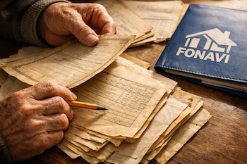 Un par de manos de una persona mayor revisando minuciosamente una pila de documentos antiguos y amarillentos con un lápiz, junto a una carpeta azul con el logo de FONAVI.