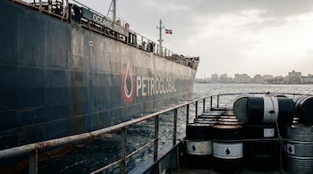 Barco petrolero azul "OCEANIC TITAN" con logo "PETROGLOBAL" y bidones de crudo apilados en primer plano. Ciudad costera y bandera dominicana al fondo.