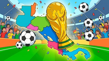 Ilustración animada de la Copa del Mundo sobre el mapa de Centroamérica. Aficionados en un estadio, con balones de fútbol y confeti.