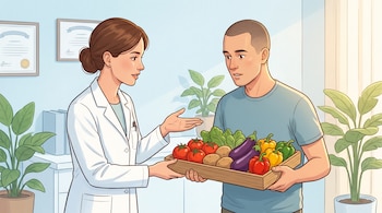 Ilustración de una nutricionista en bata blanca que presenta una bandeja de tomates, papas, berenjenas y pimientos frescos a un paciente en un consultorio.