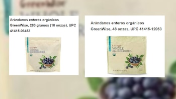 Dos bolsas de arándanos orgánicos GreenWise con texto y una ilustración de arándanos en un cuenco, indicando los pesos de 283 gramos y 48 onzas