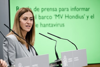 La secretaria general de Protección Civil y Emergencias, Virginia Barcones, ofrece una rueda de prensa, en la sede del Ministerio de Sanidad, a 8 de mayo de 2026, en Madrid (España).