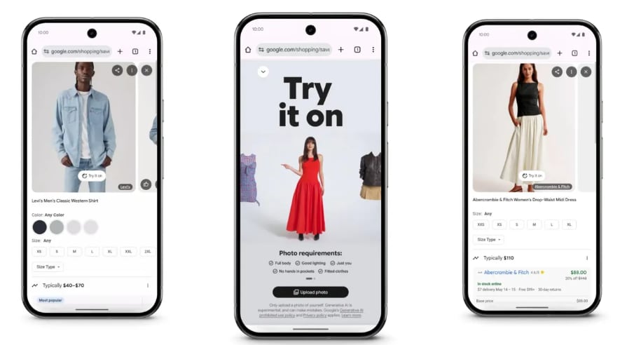 La herramienta Pruébalo de Google utiliza inteligencia artificial generativa para proyectar prendas sobre una fotografía del usuario.