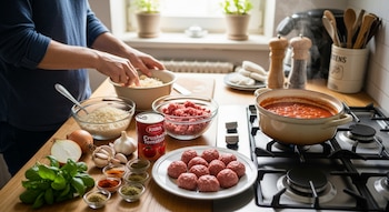 Manos mezclando ingredientes en un bol. Sobre una encimera de cocina se ven carne molida, arroz, salsa de tomate hirviendo, cebolla, ajo, hierbas y especias.