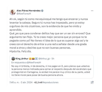 Álex Flórez se enfrascó en discusión con usuario de X - crédito captura de pantalla