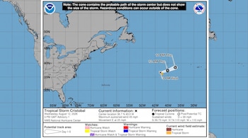 Mapa meteorológico con el Océano Atlántico, costas de Norteamérica y la trayectoria de la tormenta tropical Cristobal con información detallada.