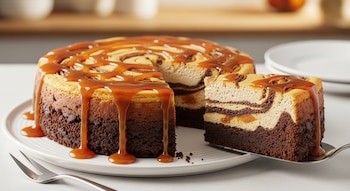 Un pastel redondo con base de brownie, capa de cheesecake con vetas, y cubierta de salsa de caramelo líquida; un trozo cortado sobre una pala y un tenedor.