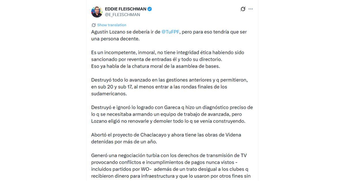 Eddie Fleischman critica a Agustín Lozano y pide su salida tras malos resultados de Perú: “Destruyó e ignoró lo logrado con Ricardo Gareca”