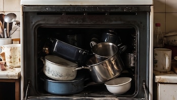 Una cocina con vajilla sucia en la encimera y un horno abierto lleno de ollas y tazones en su interior.